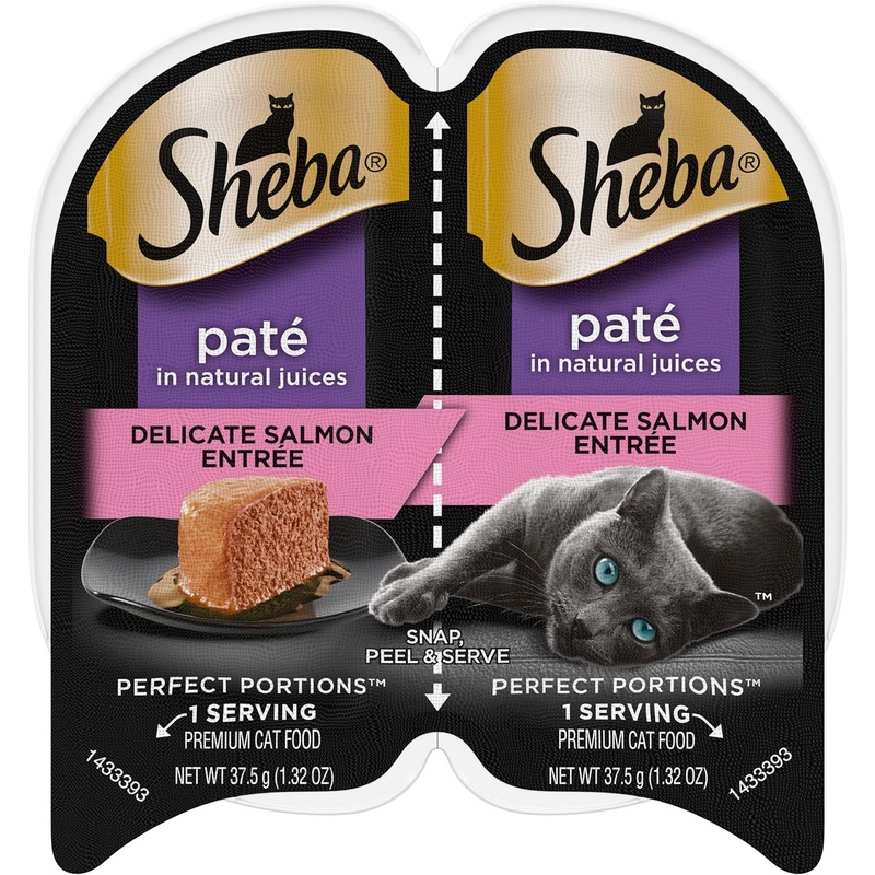 Sheba Perfect Portions PSheba Wet Food PERFECT PORTIONS Pat Adult Wet Cat Food Trays (24 Count, 48 Servings), Delicate Salmon Entre, Easy Peel Twin-Pack Trays , 1.32 Ounce (Pack of 48)ate Delicate Salmon Entree Wet Cat Food