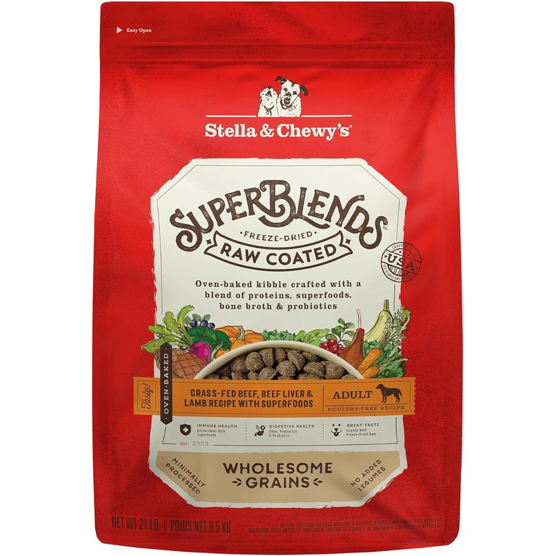 Stella & Chewy’s SuperBlends Raw Coated Wholesome Grains Grass-Fed Beef, Beef Liver & Lamb Recipe with Superfoods Dry Dog Food