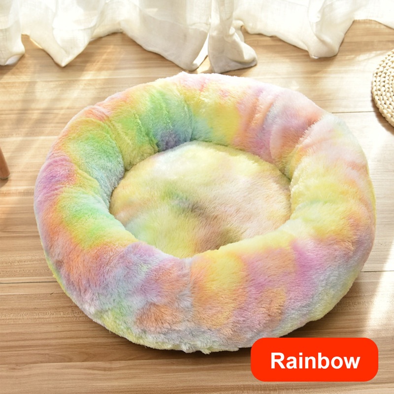 Pet Dog Cat Calming Bed Round Nest Warm Soft Plush Sleeping Bed Donut Cushion