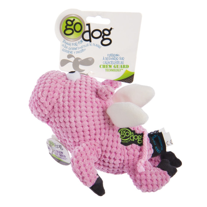 Go Dog Checkers Flying Pig with Chew Guard Technology Durable Plush Squeaker Dog Toy Pink