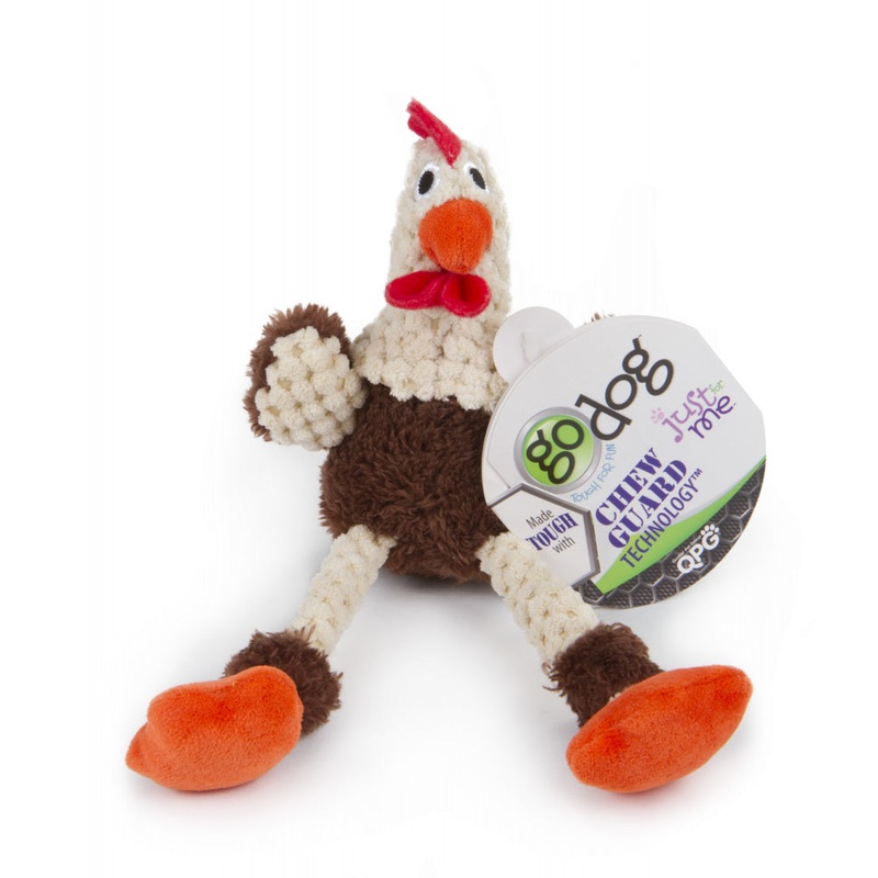 Go Dog Checkers Skinny Brown Rooster with Chew Guard Technology Durable Plush Squeaker Dog Toy Mini Just for Me