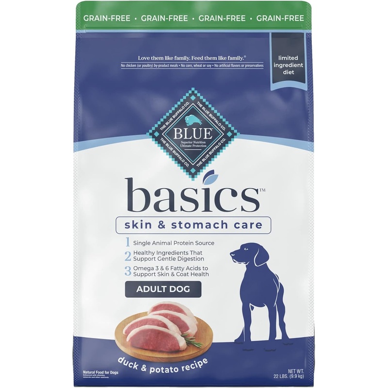 Blue Buffalo Basics Skin & Stomach Care Grain-Free Formula Duck & Potato Recipe Adult Dry Dog Food, 22-lb bag