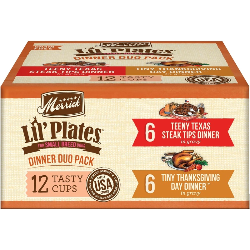 Merrick Lil Plates Dinner Duos Teeny Texas Steak Tips Dinner & Tiny Thanksgiving Day Dinner Variety Pack Grain-Free Wet Dog Food, 3.5-oz tub, case of 12