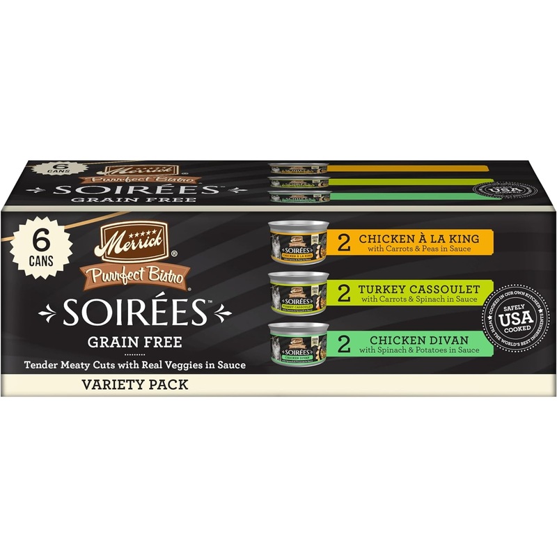 Merrick Purrfect Bistro Soirees Turkey Cassoulet, Chicken a la King, & Chicken Divan Variety Pack Grain-Free Wet Cat Food 2.75-oz can, case of 6