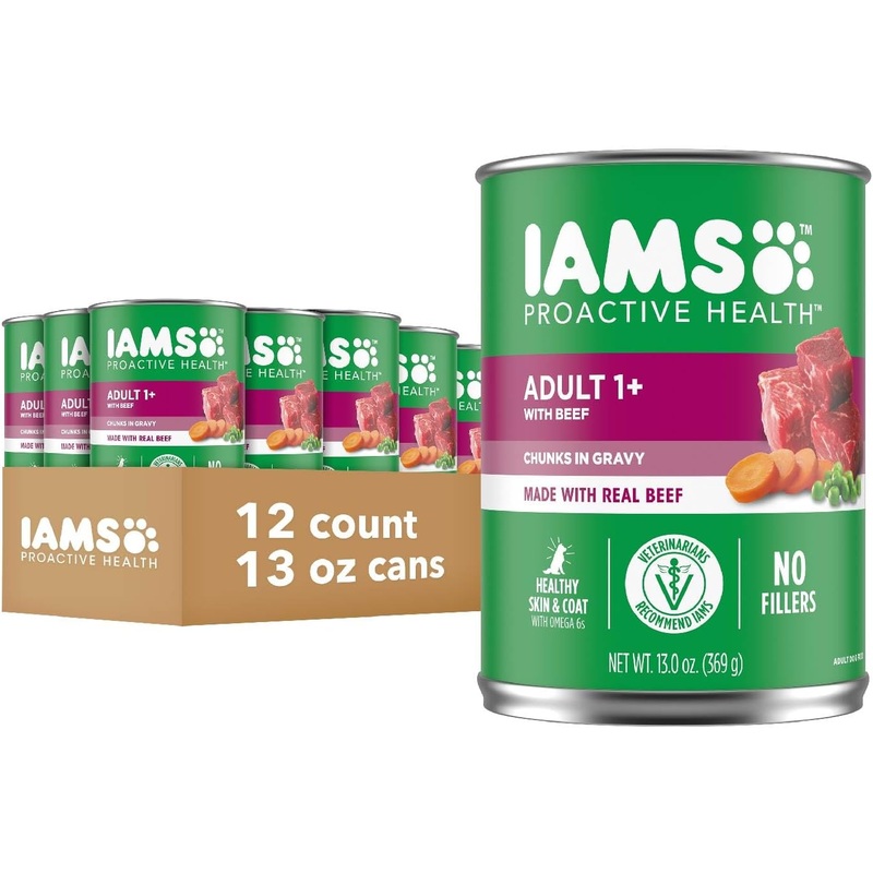 Iams Proactive Health Beef Chunks in Gravy Canned Wet Dog Food, 13-oz can, case of 12