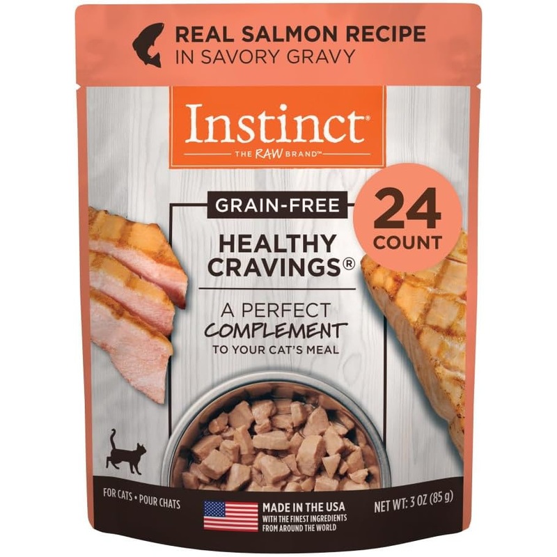 Instinct Healthy Cravings Real Salmon Recipe in Savory Gravy Grain-Free Wet Cat Food Topper, 3 oz. Pouches (Case of 24)