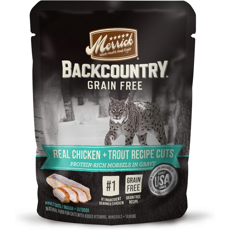 Merrick Backcountry Grain-Free Real Chicken & Trout Recipe Cuts Morsels in Gravy Cat Food Pouches (Pack of 24) 3 oz. Pouches