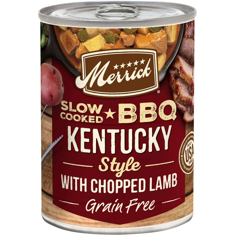 Merrick Grain-Free Slow-Cooked BBQ Kentucky Style with Chopped Lamb Wet Dog Food, 12.7-oz can, case of 12