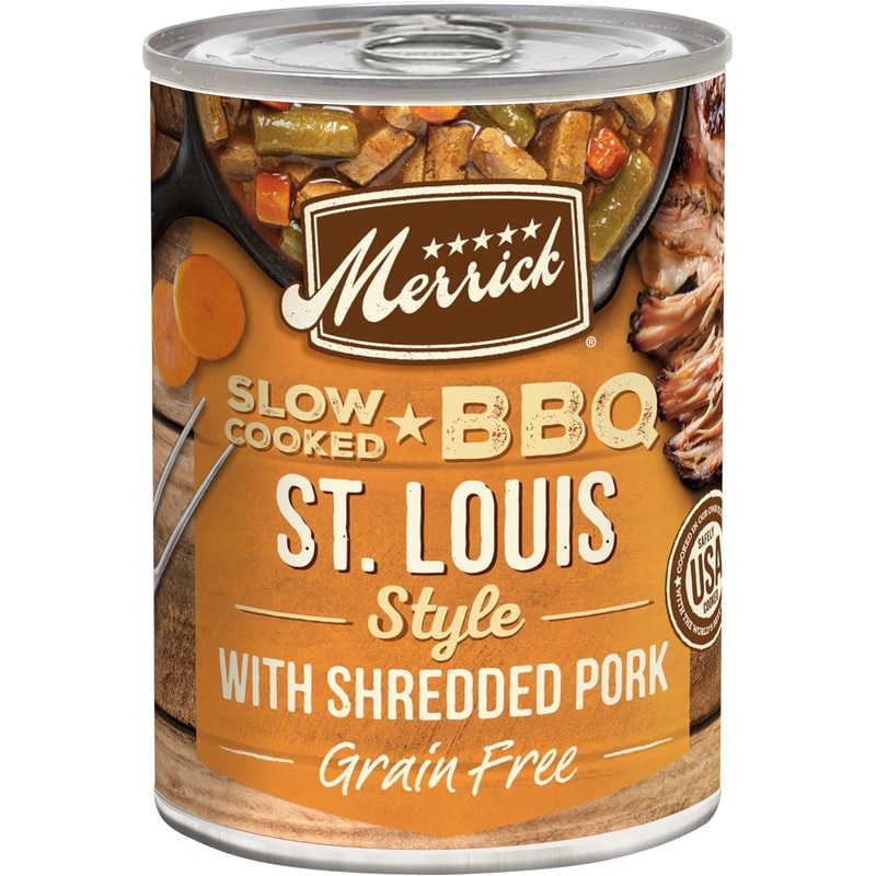 Merrick Grain-Free Slow-Cooked BBQ St. Louis Style with Shredded Pork Wet Dog Food, 12.7-oz can, case of 12