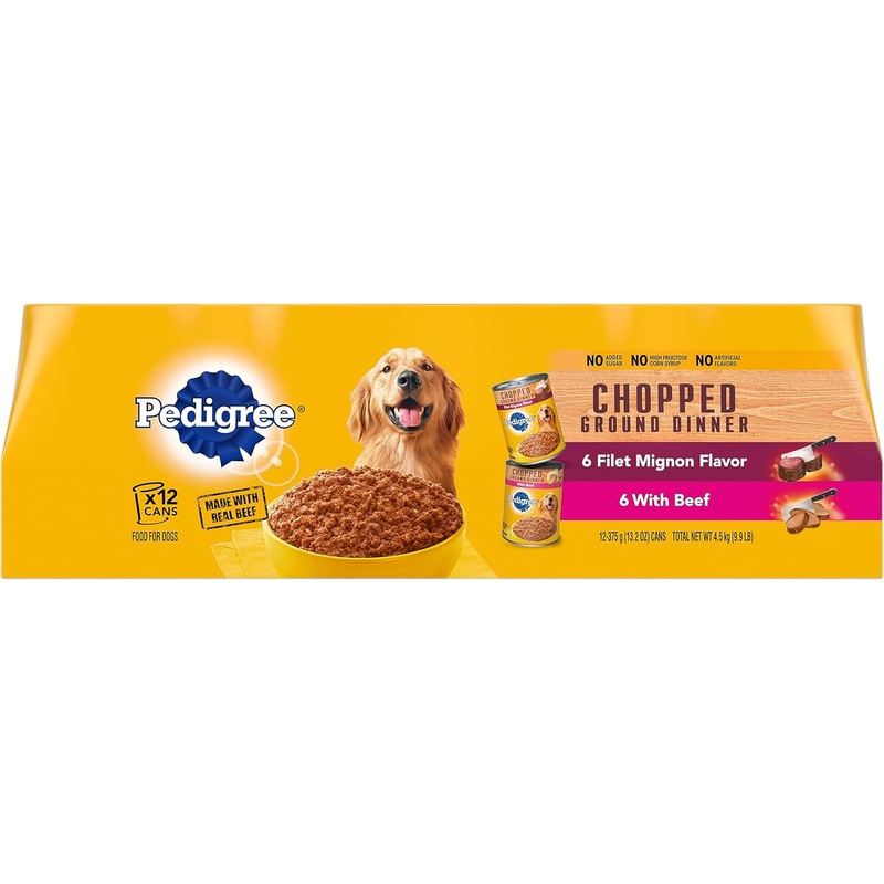 Pedigree Chopped Ground Dinner Filet Mignon Flavor & Beef Adult Canned Wet Dog Food Variety Pack, 13.2-oz, case of 12